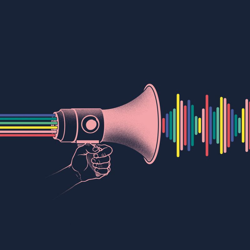 A megaphone with rainbow sound vibrations coming out of it