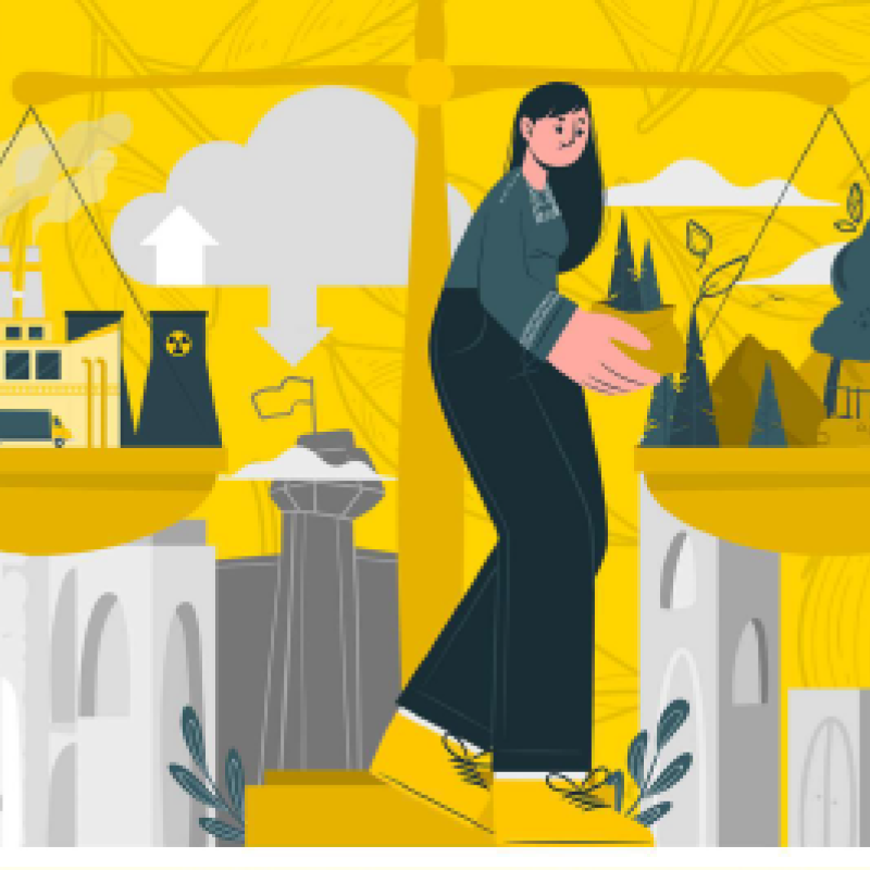 Illustration of a woman in between "scales of justice" with fossil fuel infrastructure on one scale and woodland on the other