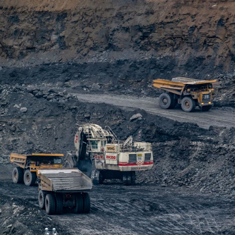 Diggers and other heavy vehicles at Shotton opencast coal mine in Northumberland