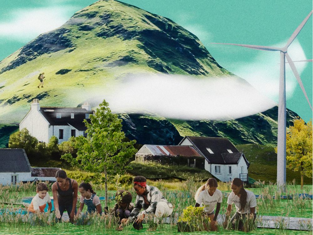 A designed collage image of families planting flowers in front of house and a wind turbine, with a mountain in the background