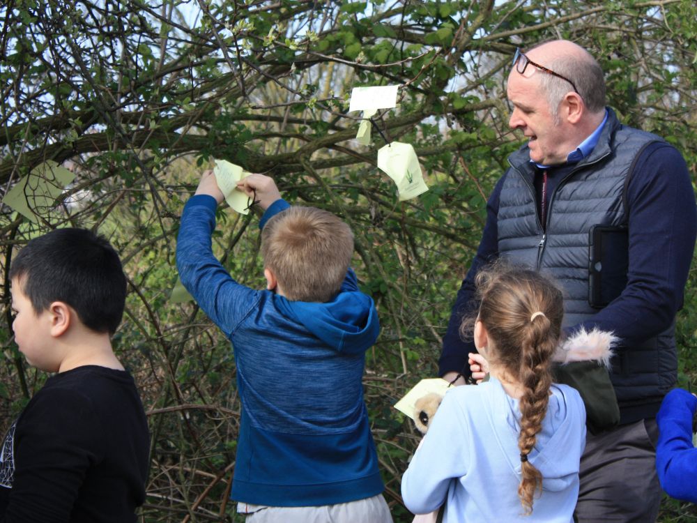 Children hang wishes for the future of Rimrose Valley on an apple tree