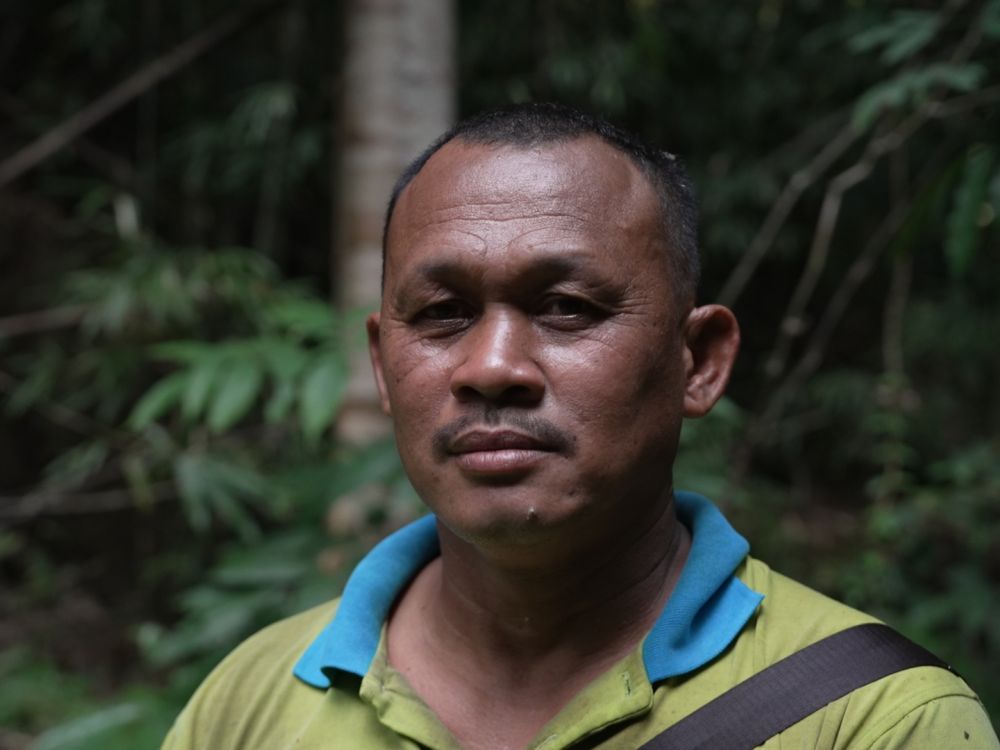 A close-up of an Indigenous Malay man in the forest. 