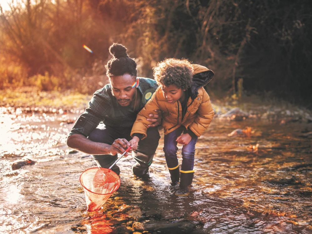 A father and son dipping a net in a river