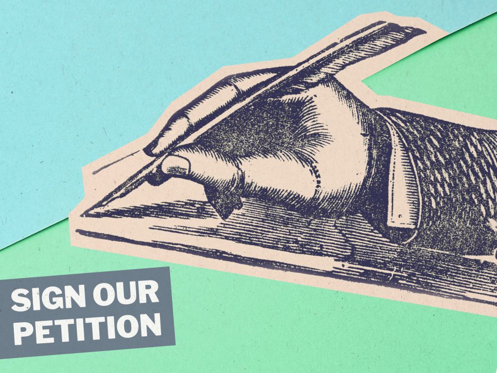 Graphic of hand holding a quill with the words SIGN OUR PETITION in capital letters