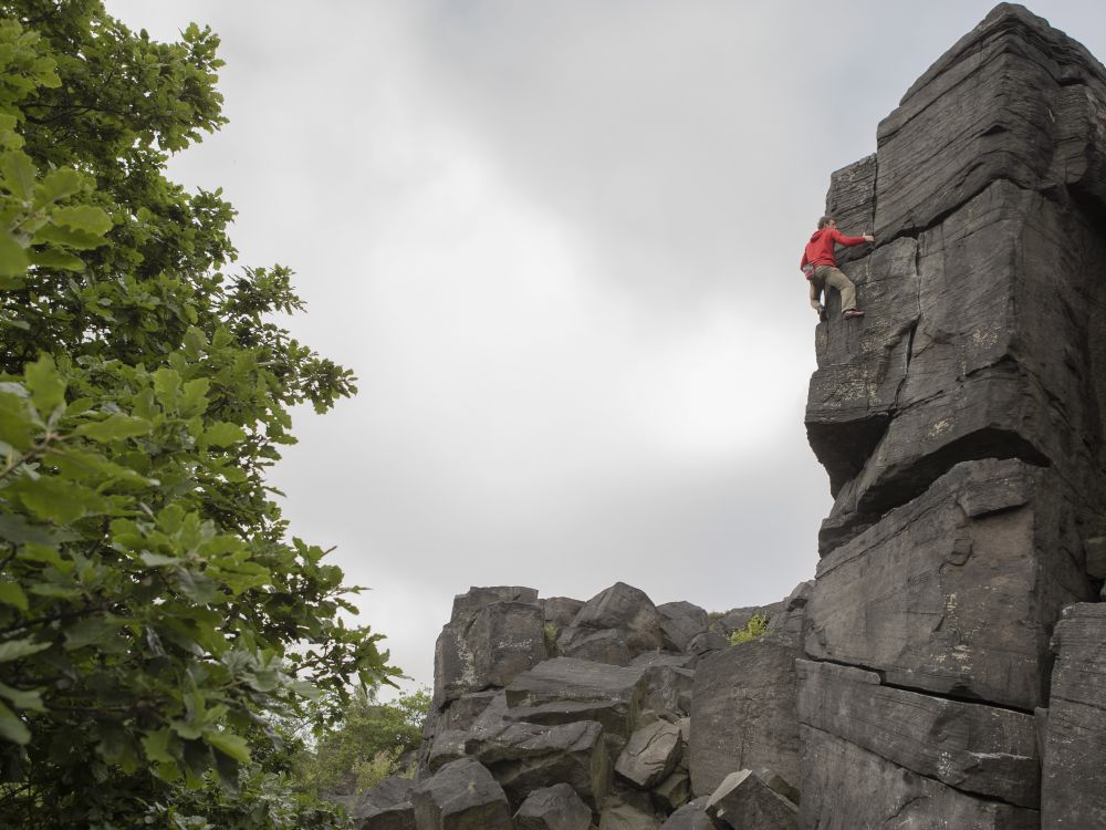 Pete Whittaker climbing Wharncliffe Crag near Sheffield
