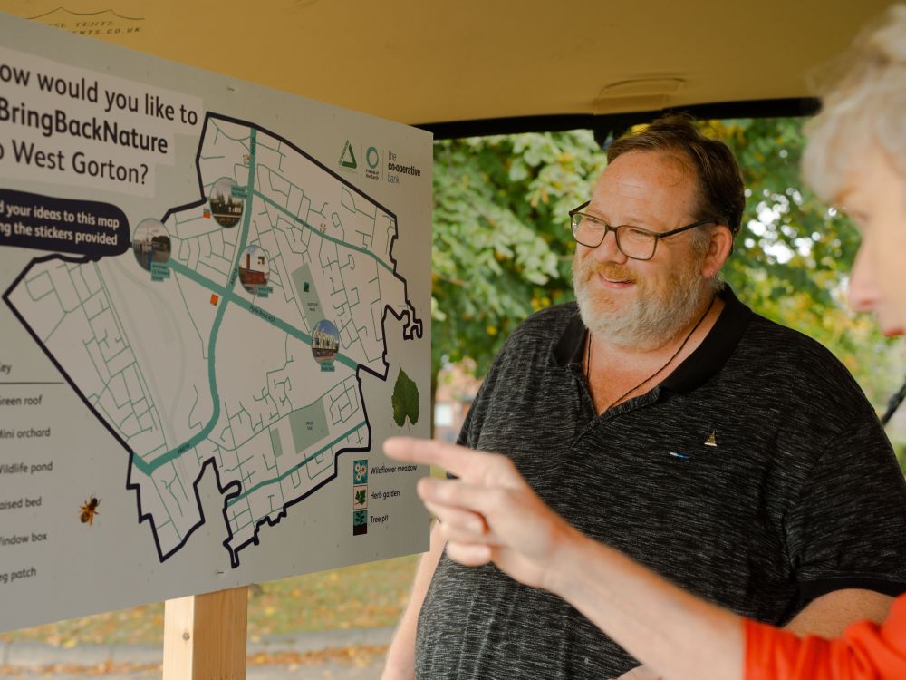 Two people looking at a map, engaged, which reads "How would you like to #BringBackNature to West Gorton?"