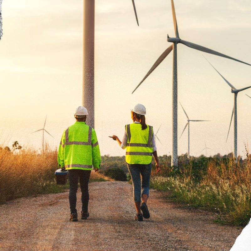 Two engineers wearing high vis jackets walk through a wind farm with a torn paper effect around the edges of the image